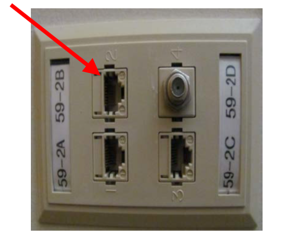 A picture of four network connection ports on a wall, with the one in the top left corner (identified by the label as 59-2B, or with a sideways raised number two above it) indicated with a red arrow.