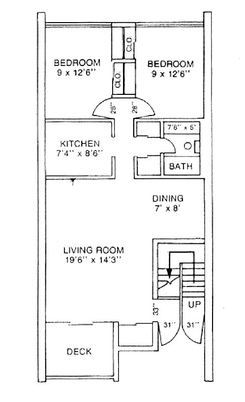 The floor plan for a two-bedroom apartment in University Manor East at Penn State College of Medicine shows a living room, two bedrooms, full bathroom, dining area and kitchen, as well as closets and a deck.