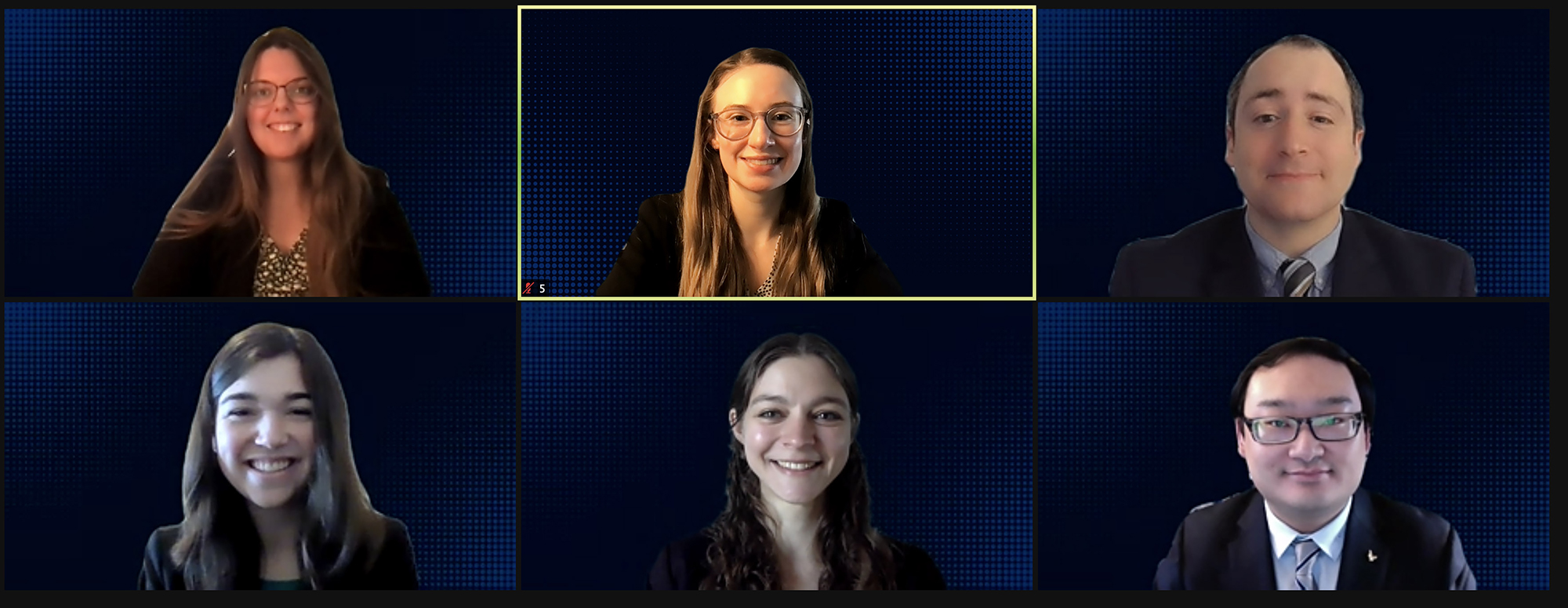 Savanna Ledford, Krista Hartmann, Brian Drury, Xingyan Wang, Emma Baker and Laura Guay are pictured in Zoom squares during a competition held virtually.